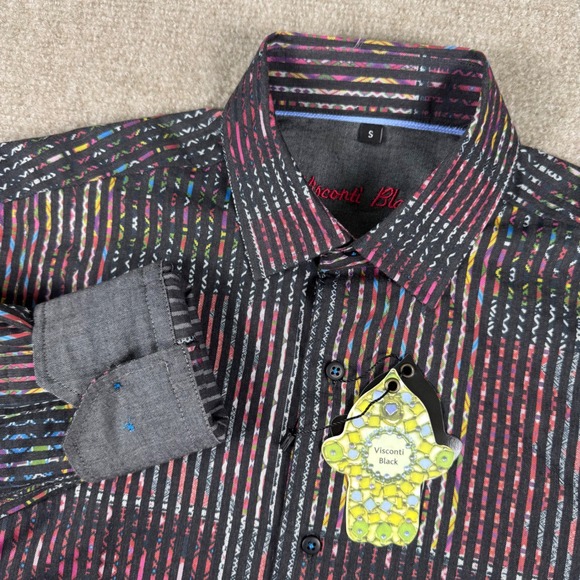 Visconti Black Colorful Stripe Long Sleeve Button Up Shirt Casual Party Small - Picture 1 of 8